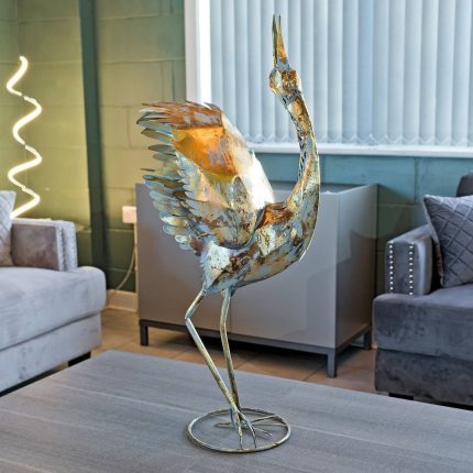 Gold Metal Standing Crane Head Up Sculpture Home Decor